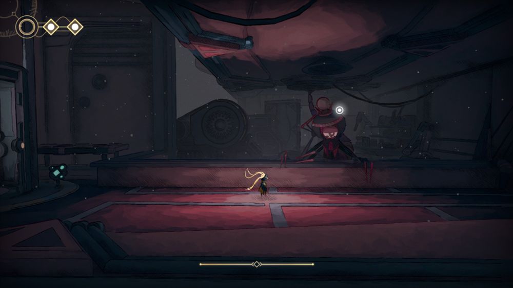 Screenshot of "MIO: Memories in Orbit Demo", a 2D metroidvania, featuring a red setting with a big character on the right.
