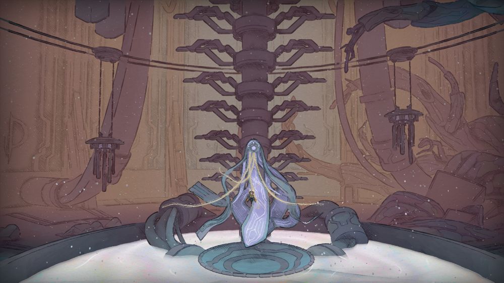 Screenshot of "MIO: Memories in Orbit Demo", a 2D metroidvania, featuring a machine that is holding the playable character.