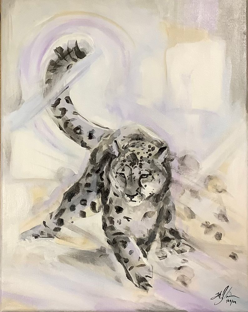 Semi abstracted painting of a stalking snow leopard. Colors are very muted with some light purple, because purple and snow leopards belong together

This piece is available to purchase on print merch! Shop here -> https://www.redbubble.com/shop/ap/170469943