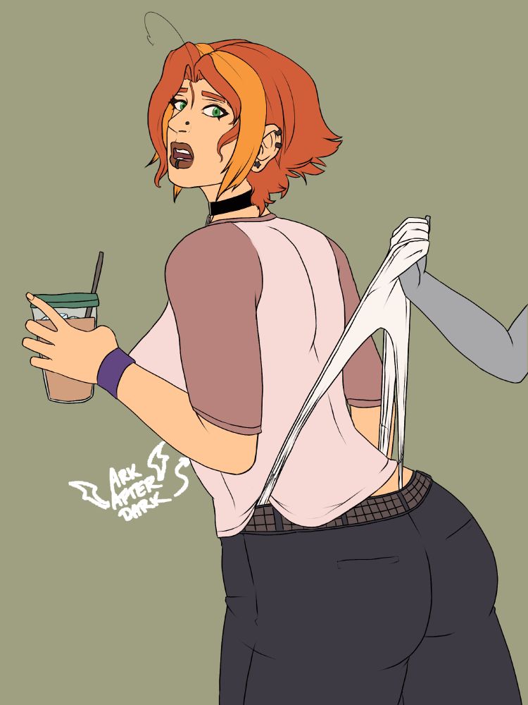 image is a drawing of a redhead woman with an iced coffee getting a wedgie, exposing her panties. she's looking back at the viewer with a surprised expression.