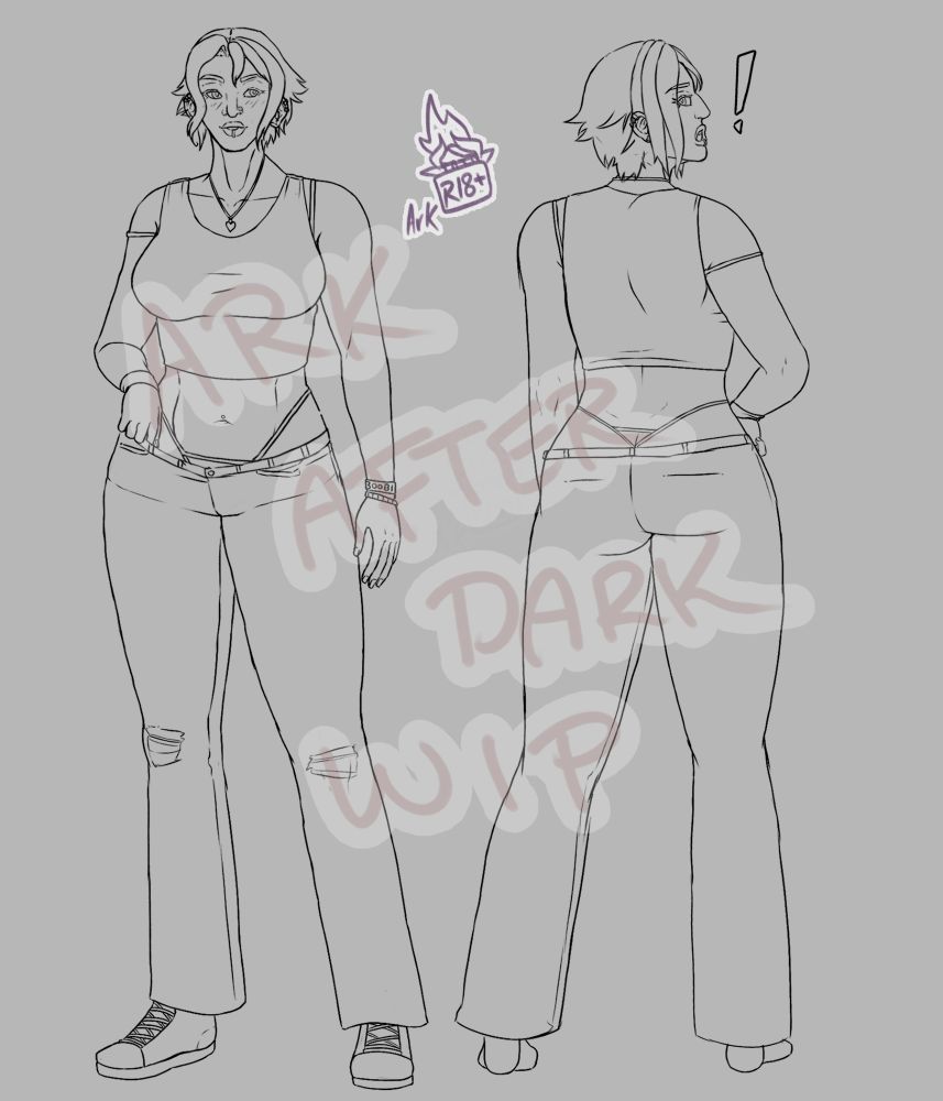 image is a double-perspective sketch illustration of my OC June - she's got a tank top and low-rise jeans on, with an exposed thong and her bra straps poking out. The front view has her looking just off screen with a warm smile, feeling cute, and the back view has her peeking at the viewer with a shocked expression like she just caught them peeking at her.