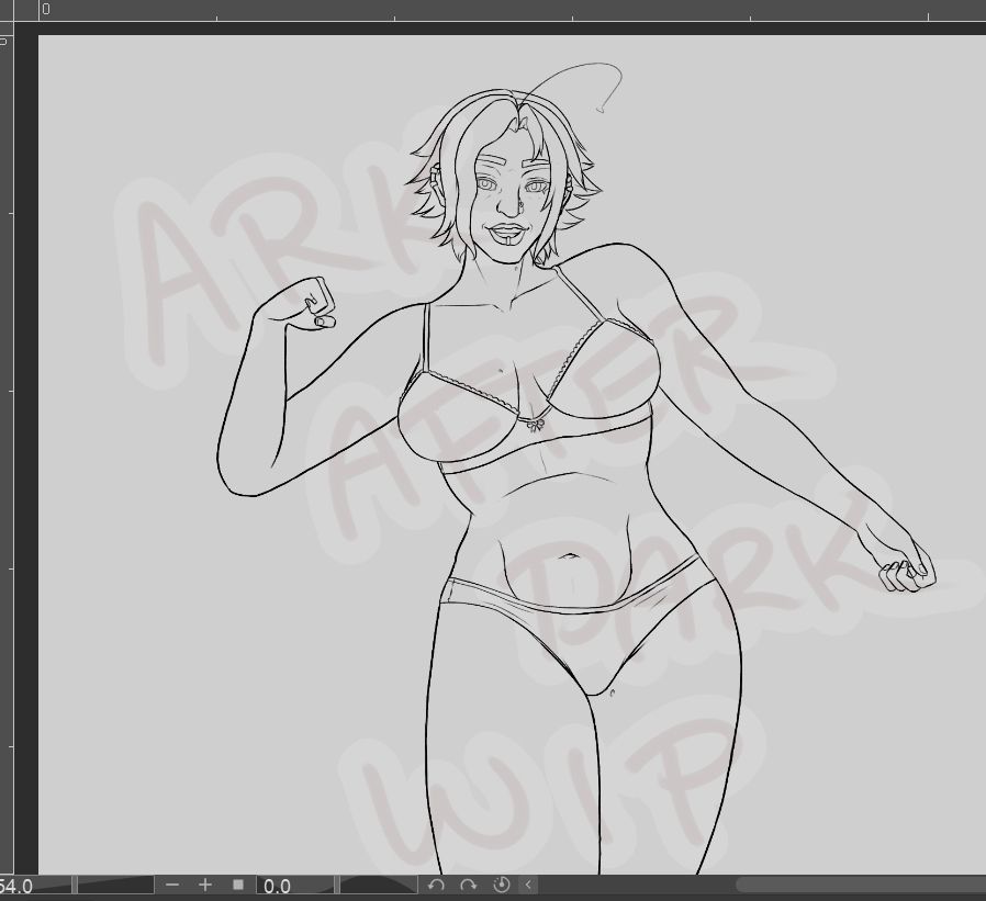 image is a black and white piece of the artist's OC, a curvy short-haired woman with a nose and lip piercing. She's posing in her underwear, looking towards the viewer with a smile.