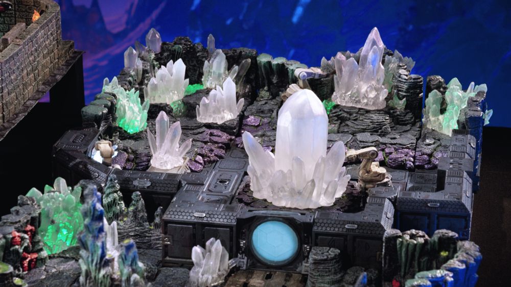 Crystals are sitting on top of sci-fi terrain.