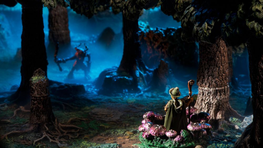 miniature wizard in a foggy forest