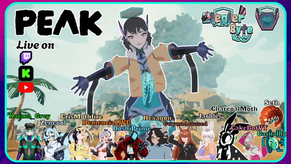 A stream thumbnail, Featuring a ton of vtubers playing PEAK and showing each of the off with a name tab above their Pngs