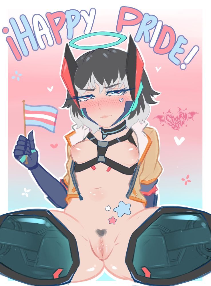 ZieglerByte with her legs open, exposing herself while holding a trans flag with and embaressed look on her face