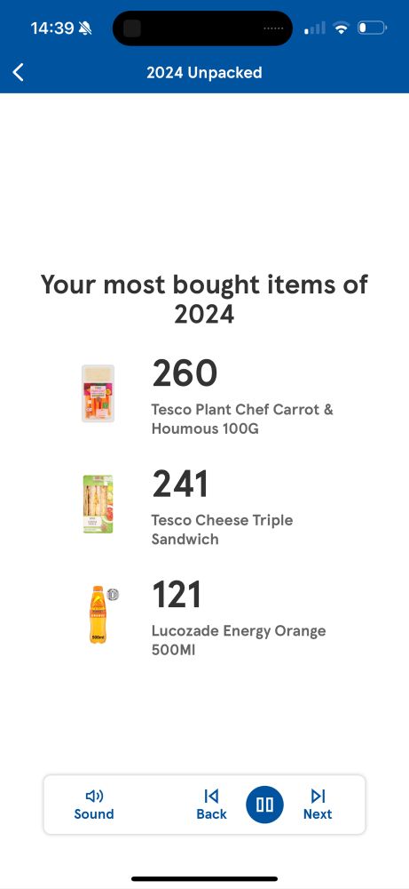 A screenshot of my tesco wrapped, showing my most bought items were carrot and homous (260), triple cheese sandwich (241) and lucozade orange (121)