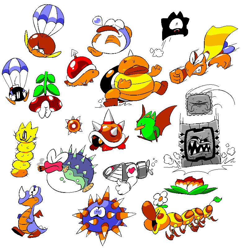 Paragoomba (not to be confused with Paragaloomba), Rip Van Fish, Ninji, Super Koopa, Parabomb, Upside Down Red Piranha Plant (last of his kind!), Spike Top, Sumo Bro, Pokey, Spiny Egg, Spiny, Swooper, Thwimp, Porcu-Puffer, Torpedo Ted, Thwomp, Volcano Lotus, Rex, Urchin, Wiggler