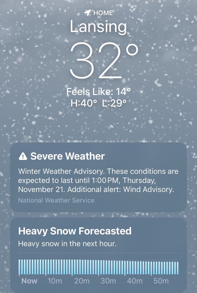 screenshot of apple’s weather app showing heavy snow forecasted for lansing IL and a winter weather advisory