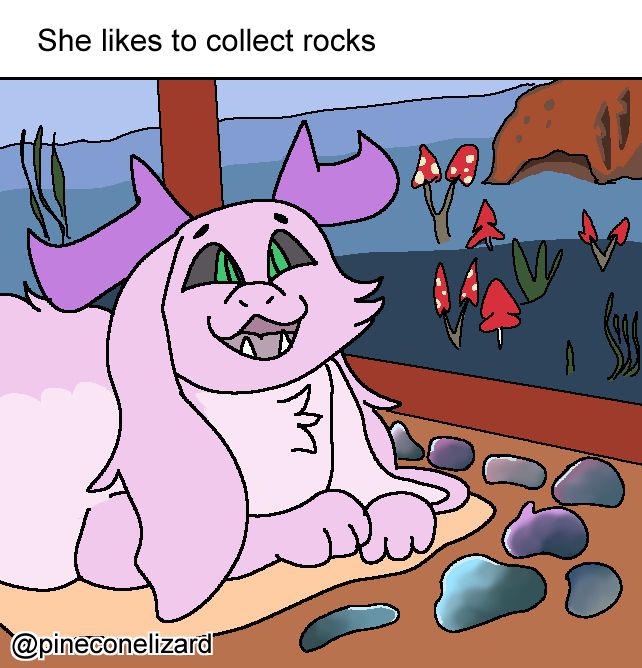 A fluffy pink kobold with her cool rock collection. A meme redraw. 

Transcript: 
She likes to collect rocks.
