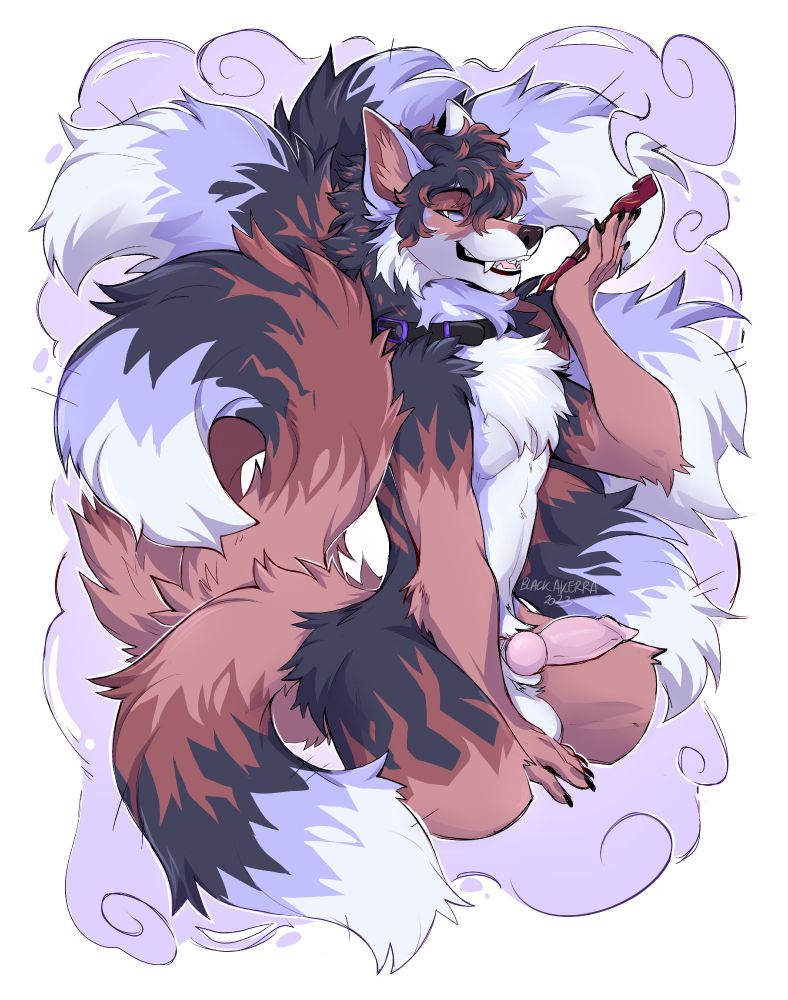 male anthro kitsune with his penis out, smoke coming from a kiseru pipe