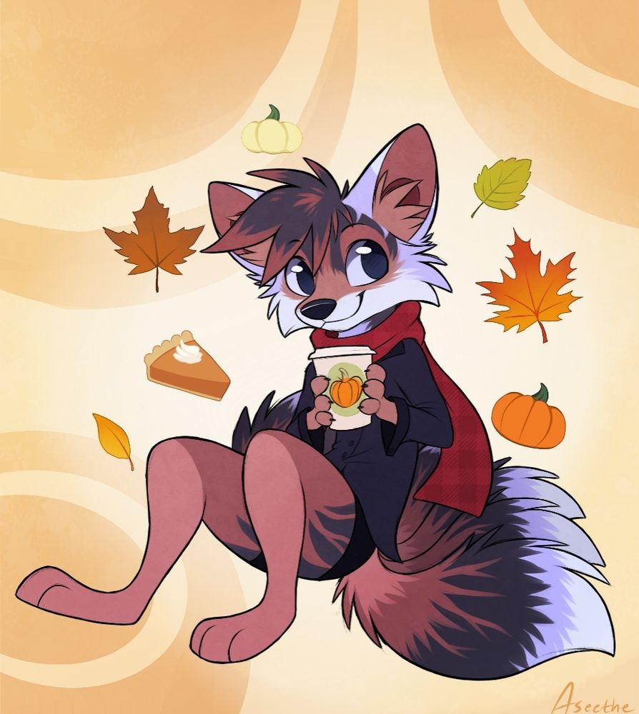 Anthro kitsune sitting down drinking pumpkin spice latte with fall leaves and a slice of pumpkin pie floating around