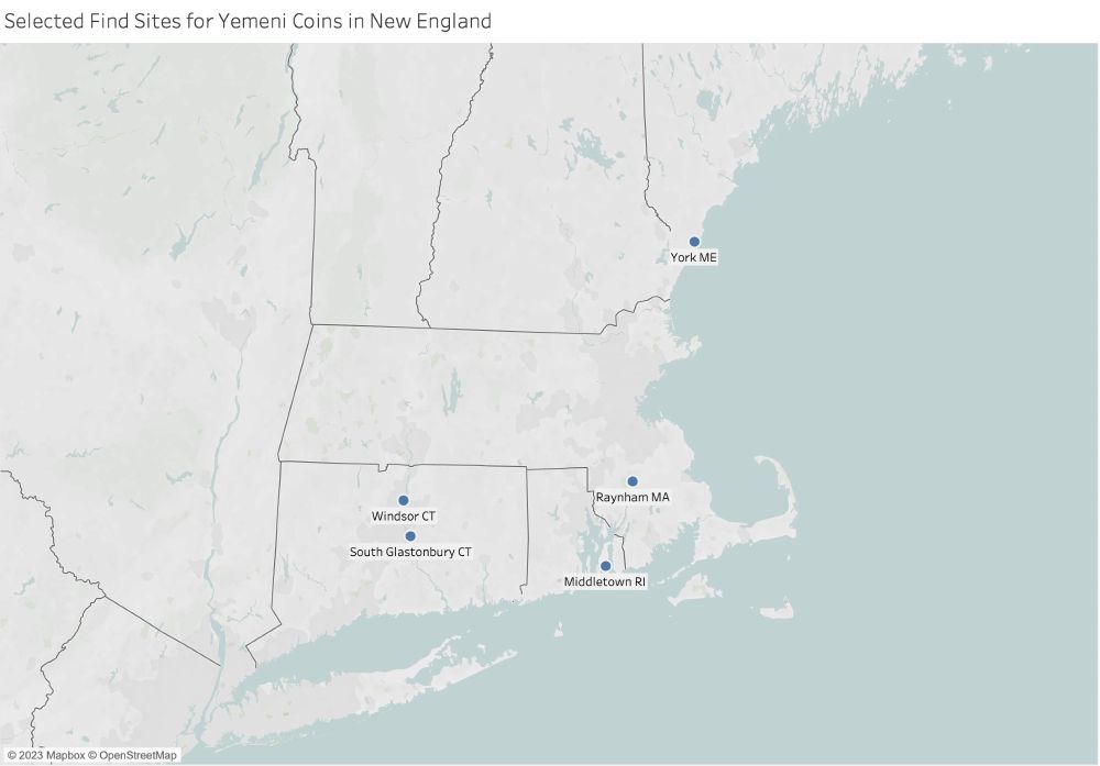Map of New England, with 5 dots in Connecticut, Rhode Island, Massachusetts, and Maine. These indicate colonial era sites where late 17th C Yemeni coins have been found.