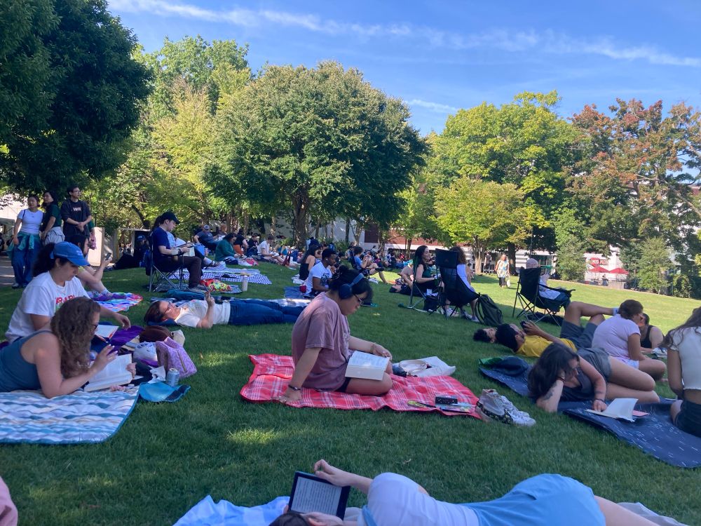 Photograph of dozens of people in a grassy park, on blankets and camp chairs, all reading