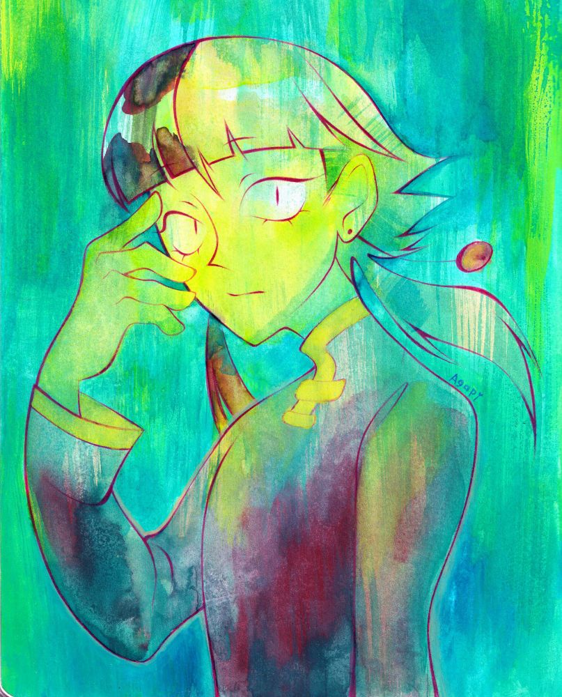 A painting of Tyaroemon staring back at the viewer, with their hand touching their face.