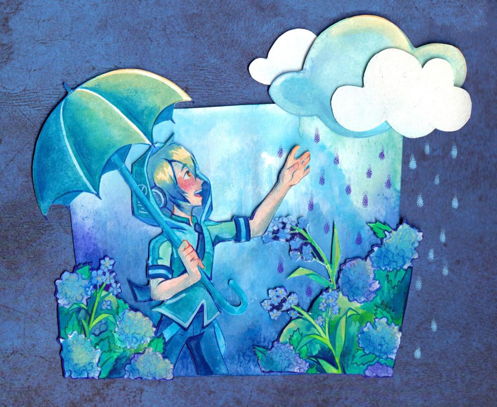 Traditional papercraft painting of Shigure Nao holding an umbrella, while reaching out his arm to touch a blue raincloud, which us surrounded by two smaller white clouds. He has a curious expression on his face, there are cutout hydrangeas in the foreground and the background is a blurry blend of different shades of blue.