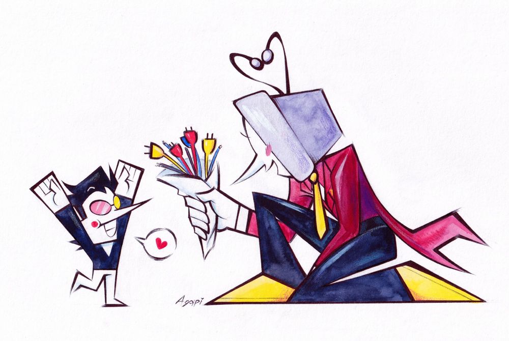 A watercolor painting of Tenna kneeling down and giving Spamton a bouquet of cables.
