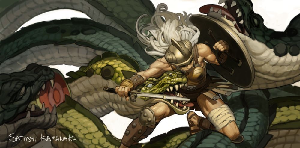 Warrior fighting against the hydra