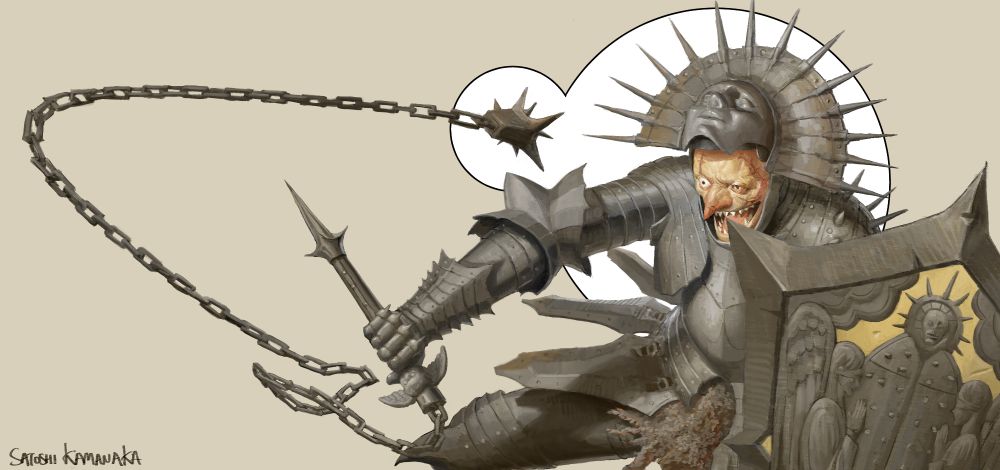 A goblin in a dynamic pose wearing spikey armor weilding a mace on a long chain. There is a face on the helmet of the goblin and it is smirking. 