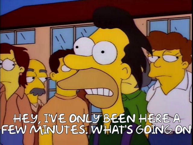 Lenny from The Simpsons having just been insulted by Ned Flanders in the episode "Hurricane Neddy" and saying the famous line, "hey, I've only been here a few minutes, what's going on?" 