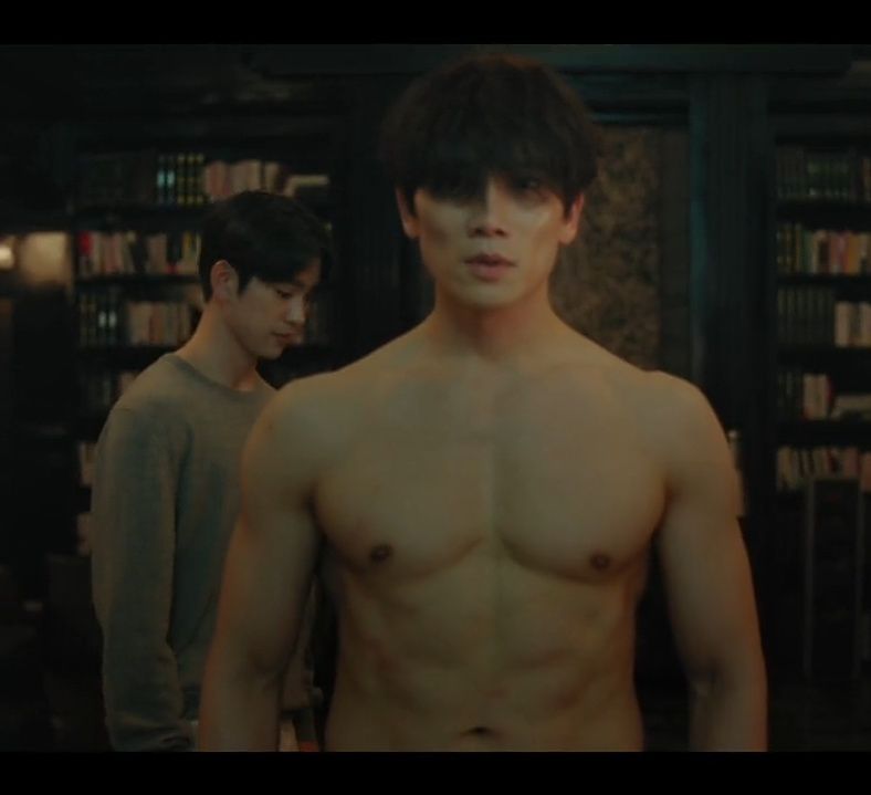 Korean actor Jisung, shirtless for plot reasons, in the drama The Devil Judge