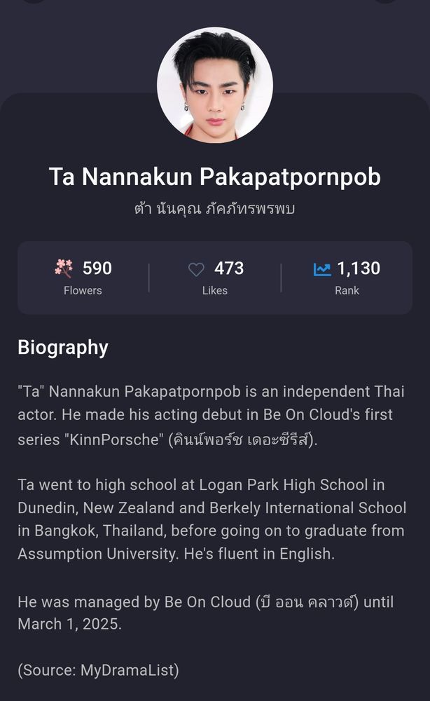 My drama list dot com page for Thai actor Ta Nannakun Pakapatpornpob