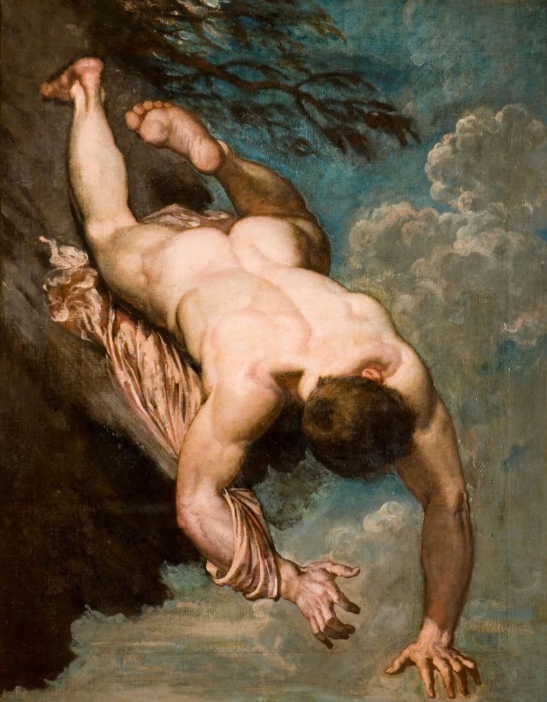A painting showing a dynamic pose of a figure being chucked off a rock into the sky 