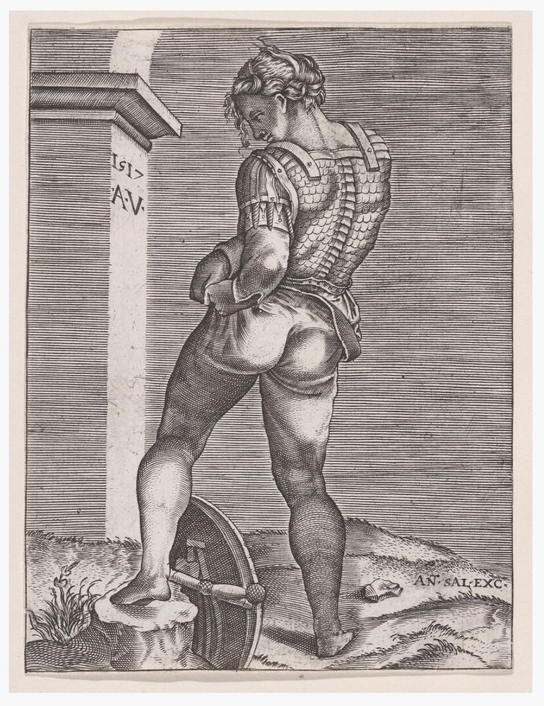 An engraving of a soldier attaching his breastplate to his stockings