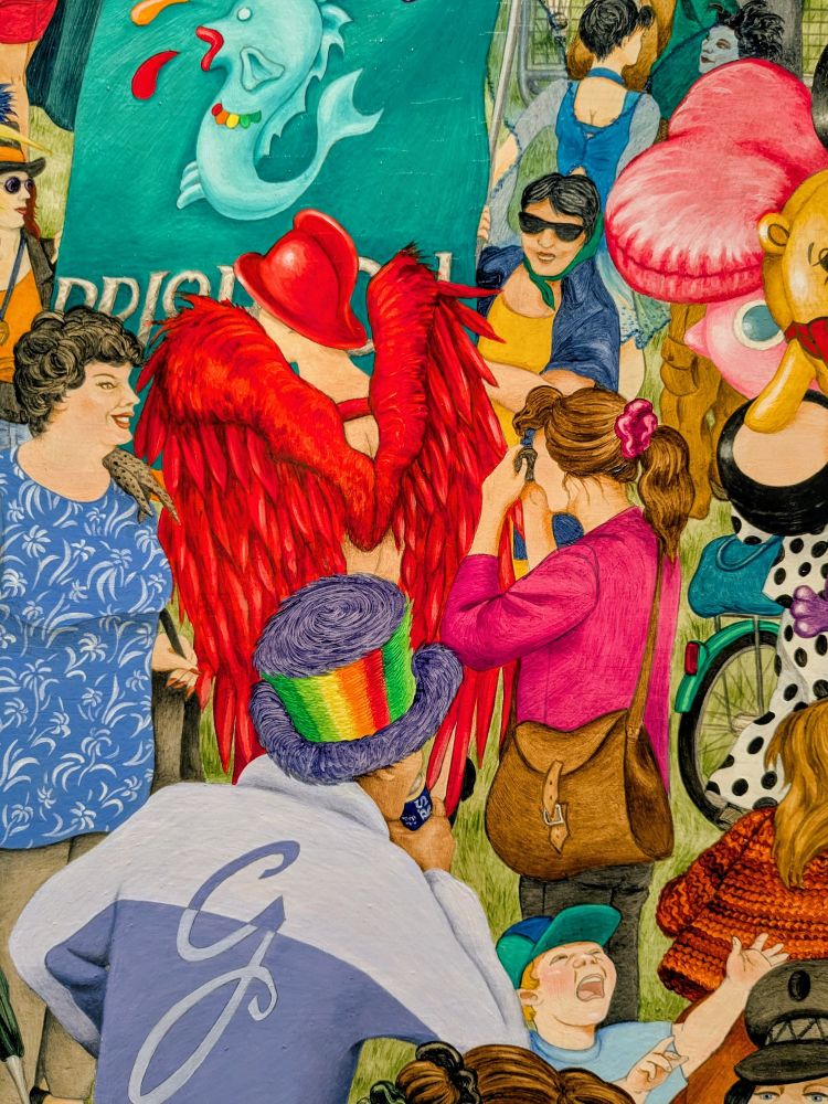 A crop of a very busy detailed painting of a pride festival. The focus is a person with a handbag and a ponytail stopping to take a photo of a person in a red harness, angel wings and jockstrap 