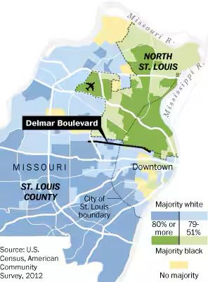 A map of St. Louis showing racial demographics in the city: North St. Louis is majority African American, while South St. Louis is predominantly white