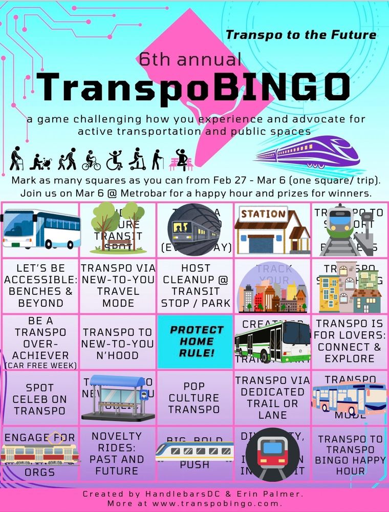 A #transpoBINGO card with challenges to use and advocate for transit. The newly marked off square is “Find a future transit spot”
