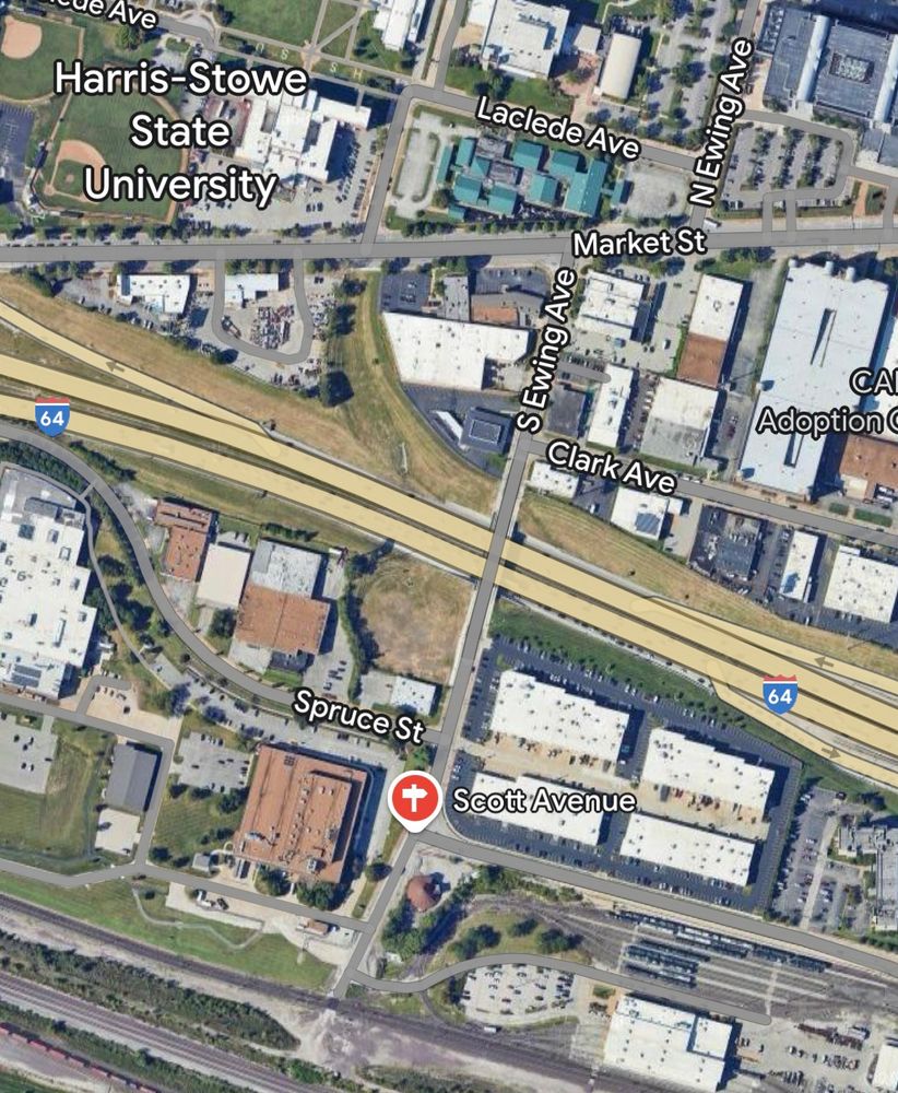 A screenshot of Google maps showing an aerial view of the Scott and Ewing station site