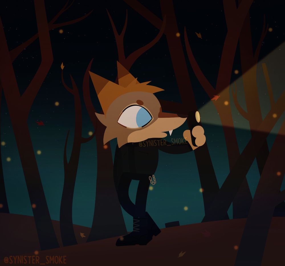 Character is NOT mine.
this is a commission drawing for Zorion_Coyote

with their OC zorion, drawn in the night in the woods style in an autumn forest