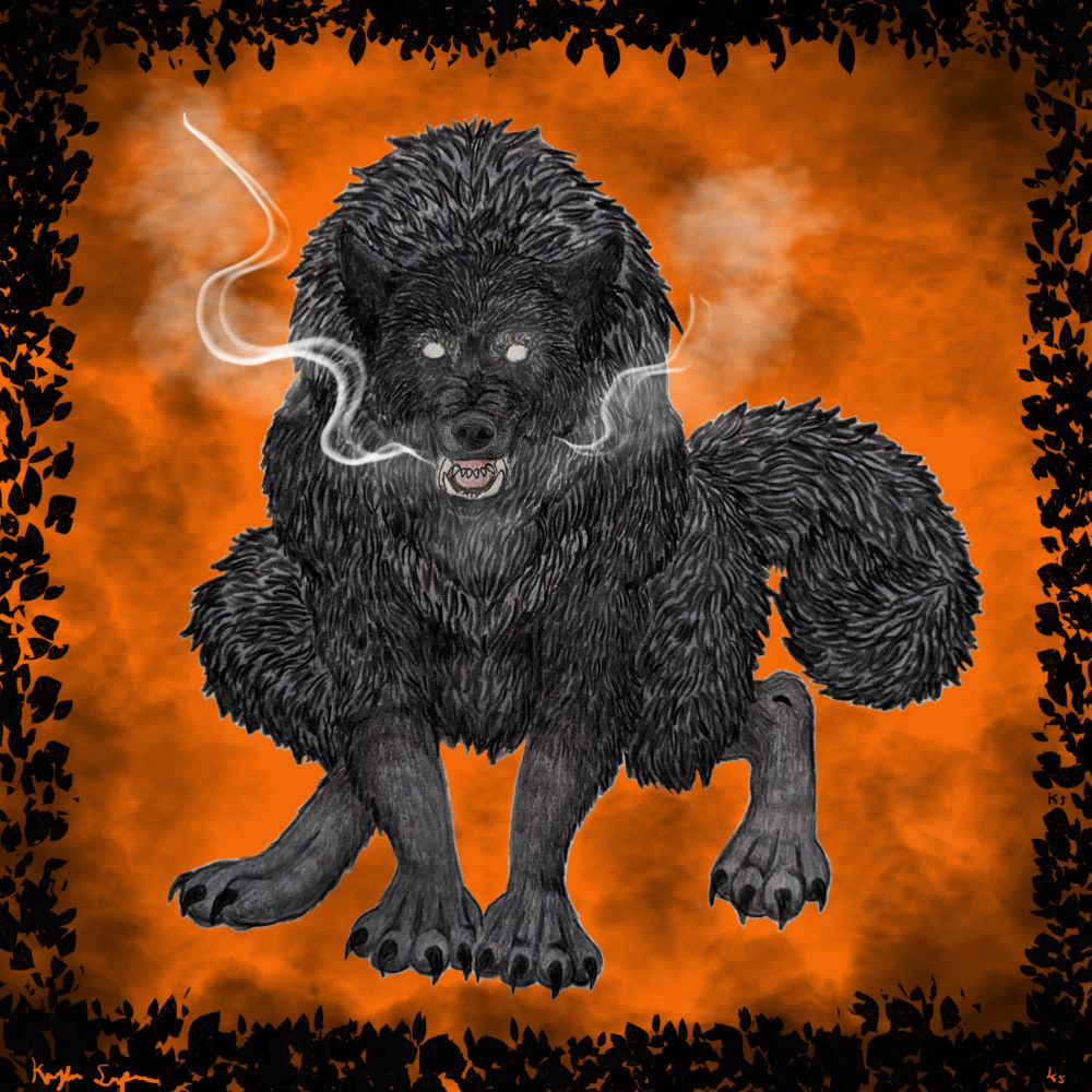 A drawing of crouching werewolf with an orange background and a leafy border 