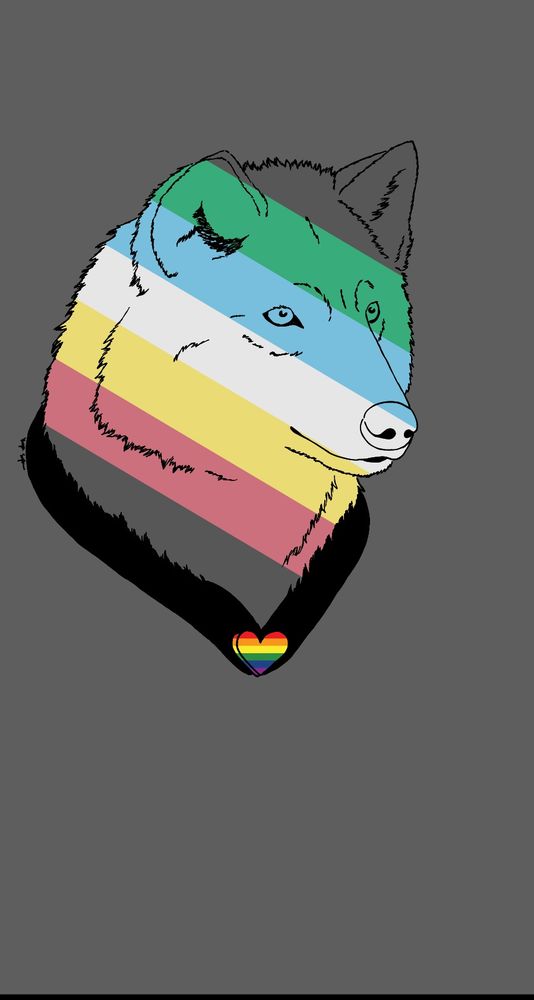Drawing of a wolf with the disability pride flag colors on it's face and wearing a rainbow heart collar 