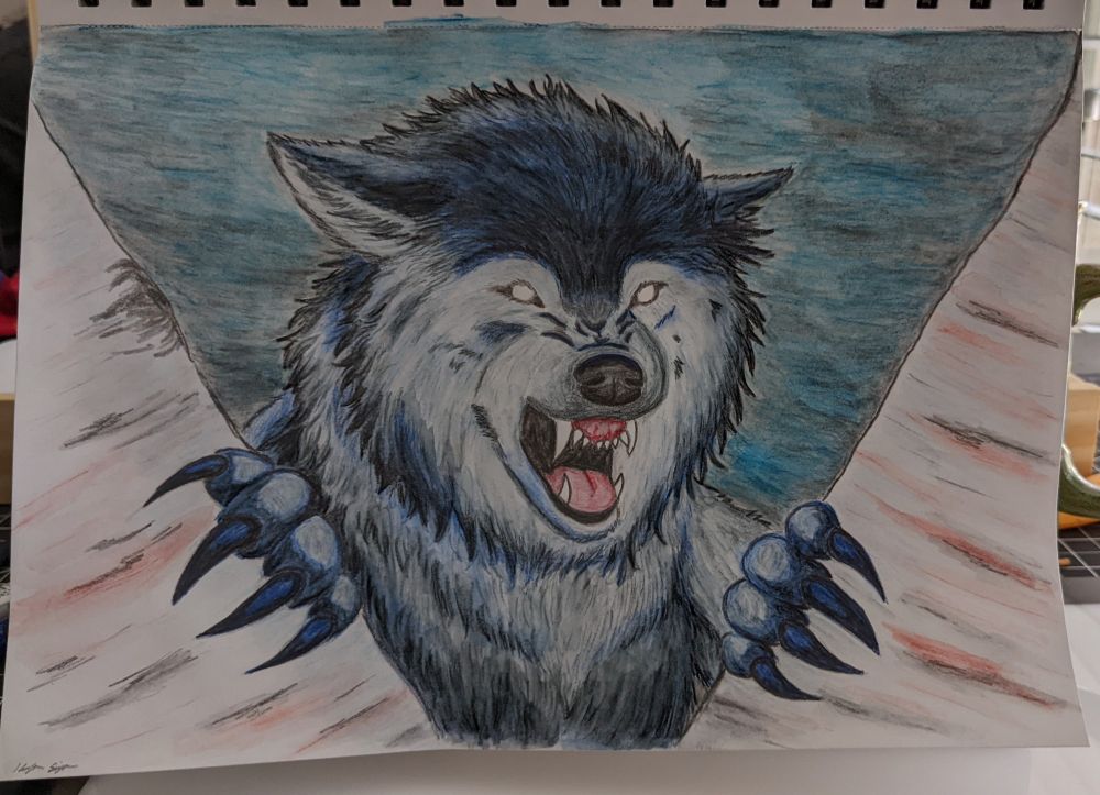 A werewolf placing its paws on two birch trees and snarling 