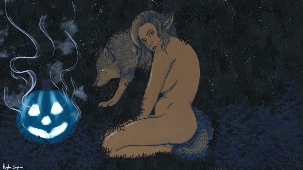 Wolf person sitting on the ground with a wolf   beside them and a Jack o' lantern in front of them