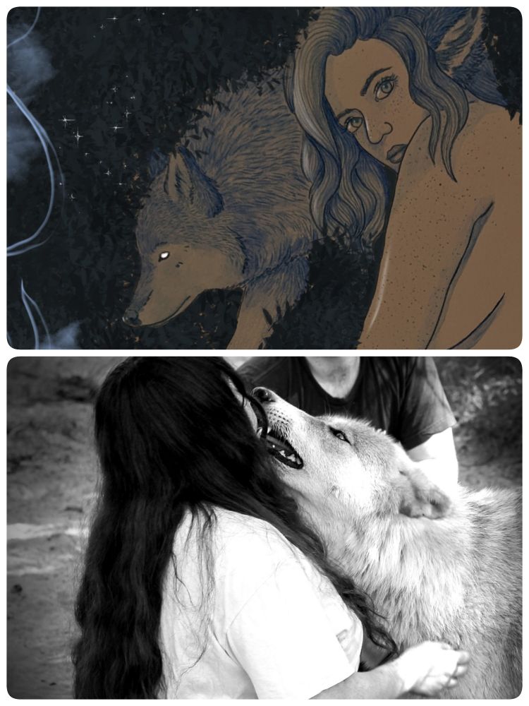 Top picture is a drawing of a wolf person and a wolf next to them
Bottom picture is  a person getting kisses from a wolf 