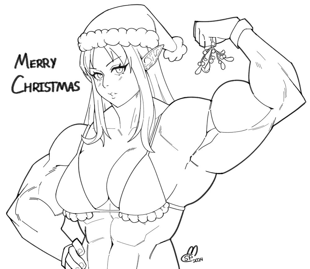 Lineart if a muscular elf with long hair in a Christmas themed bikini top and Santa hat. She is flexing while holding mistletoe. 