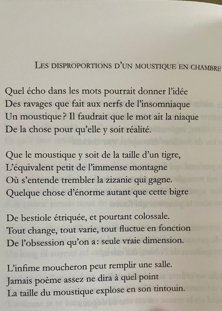 LES DISPROPORTIONS D'UN MOUSTIQUE EN CHAMBRE
Quel écho dans les mots pourrait donner l'idée / Des ravages que fait aux nerfs de l'insomniaque /
Un moustique ? Il faudrait que le mot ait la niaque / De la chose pour qu'elle y soit réalité. //

Que le moustique y soit de la taille d'un tigre, / L'équivalent petit de l'immense montagne / Où s'entende trembler la zizanie qui gagne. /
Quelque chose d'énorme autant que cette bigre //

De bestiole étriquée, et pourtant colossale. /
Tout change, tout varie, tout fluctue en fonction / De l'obsession qu'on a : seule vraie dimension. //

L'infime moucheron peut remplir une salle. /
Jamais poème assez ne dira à quel point /
La taille du moustique explose en son tintouin.