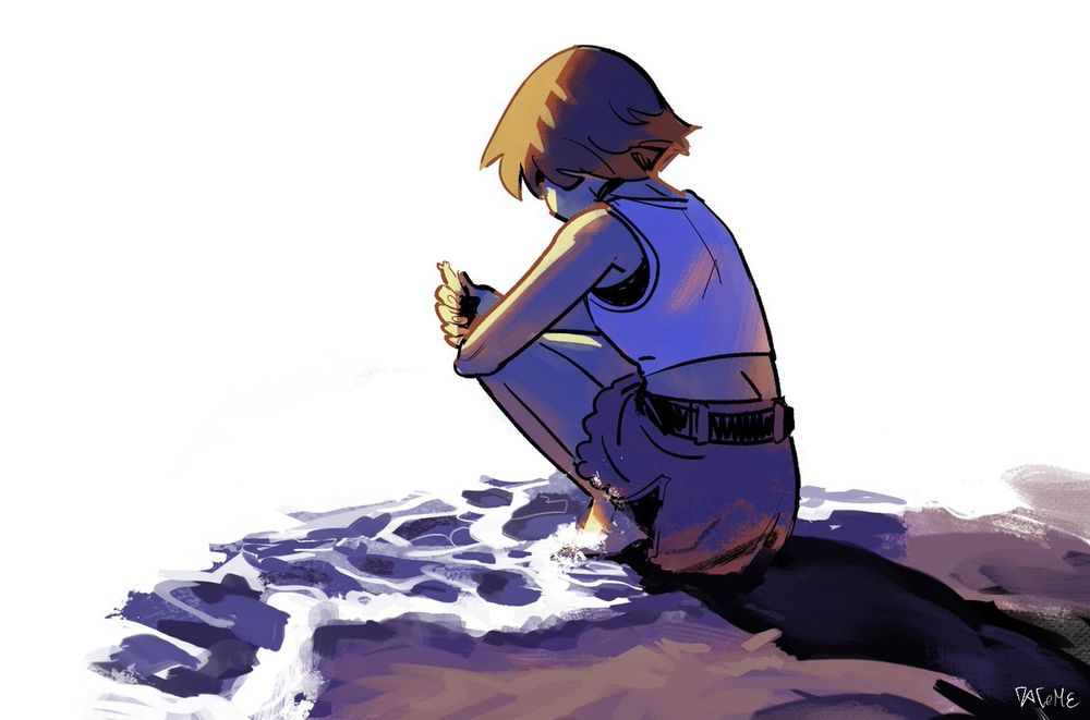 Kairi, 3/4 from behind, crouching on the shoreline and looking nostalgically to a thalassa shell