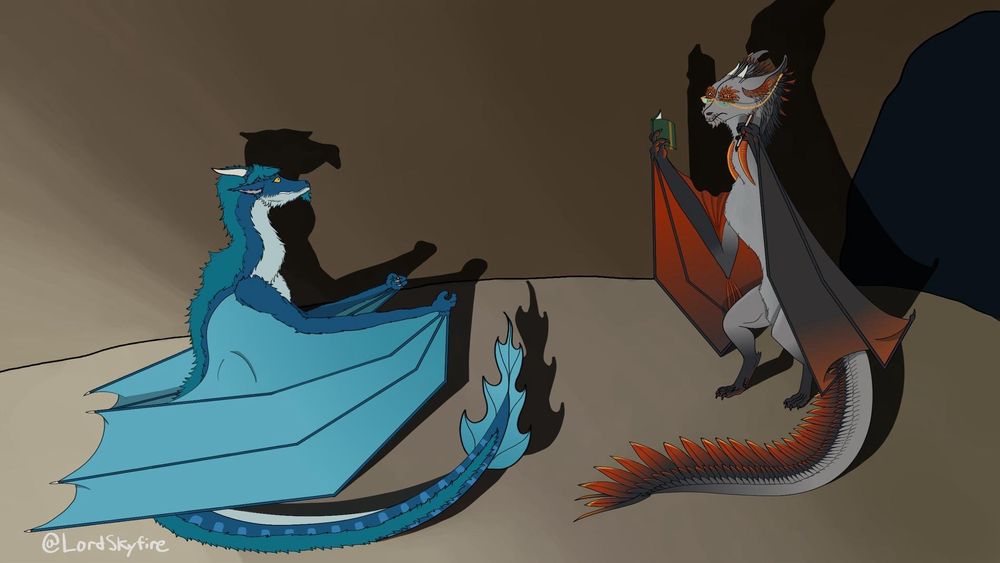 A blue wyvern holds his wings in front of him while looking up at a grey wyvern with red wings. His fur is standing on end and he has a scared expression. The grey wyvern is looking down on him with an unamused expression while holding a book and an ink pen. 