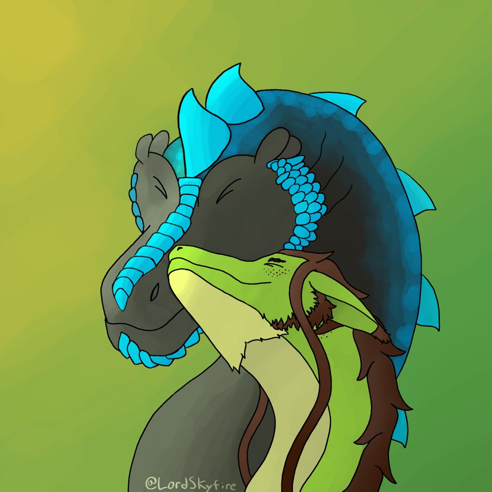 A green dragon with brown hair nuzzles a black dragon with blue crystals along their chin, jaw, and back.