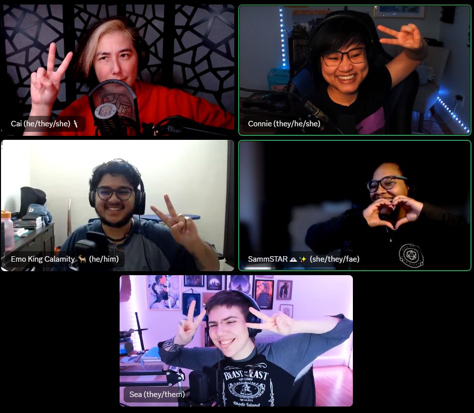 A screenshot of a Discord call featuring the cast of Transplanar RPG’s The Chaos Protocol. Cai, Connie, Val, Samm, and Sea are all smiling and holding up peace signs and hearts in their respective cameras.