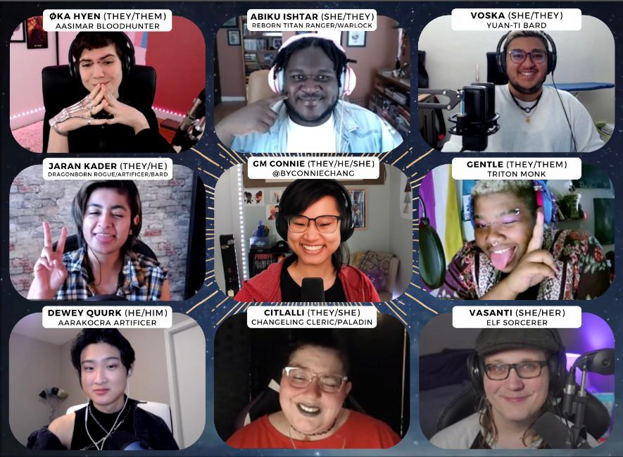 A screenshot of the Arc 8 Transplanar RPG overlay for The Second Stranger. The screenshot features nine cast members in facecams in rows of three over a navy blue starry background. Everyone is smiling and looking at the camera. From left to right, the overlay features: Sea, Austin, Val, Hamnah, Connie, Gentle, Max, quinn, and Erica.