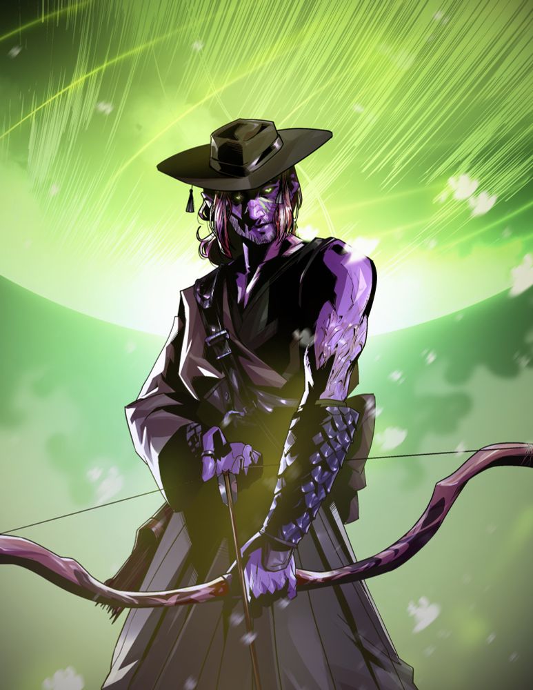 A digital illustration of Xainan from Transplanar RPG’s The Chaos Protocol. The illustration features a glowy green background with a planet and cherry blossoms, framing Xainan as he looks head on wielding his bow. He has an intense expression and is drawing an arrow against the bowstring with one hand. Xainan is a humanoid person with lavender hued skin, chin length berry colored hair and stubble, and bright green eyes with black scalera. He wears a black black kimono patterned with blue feather stitching, he is littered in scars.