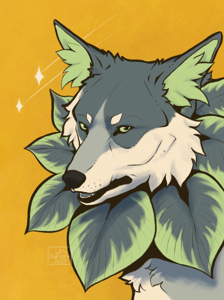A bust illustration of a wolf with leaves from a hosta plant around his neck. He is looking at the viewer with a mildy grumpy expression. The background is bright yellow. The character Hosta belongs to Mossgerm.