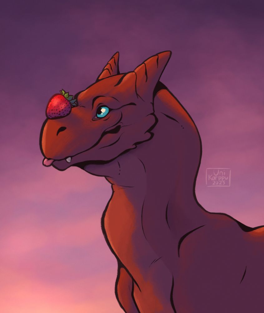 A bust illustration of a red baby dragon. She has a happy expression on her face and she is looking at a strawberry resting on top of her snout. The background is a simple dusk sky. The character belongs to SkullTasha.