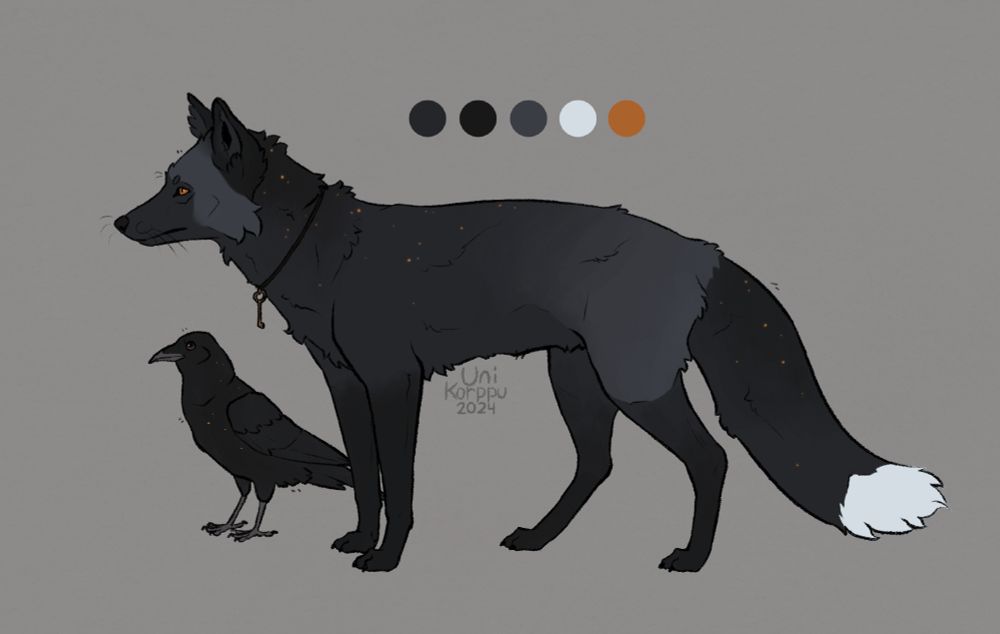 A reference sheet for a fox character named Uni. She is wearing a key necklace and next to her is her crow companion Yö.