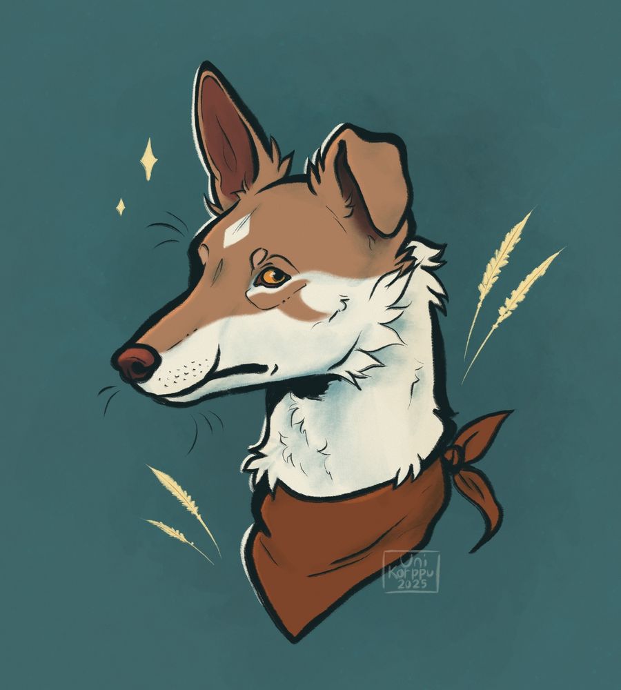 A headshot of a white and brown canine with features from ibizan hound dogs and jackals. He is wearing a red bandana around his neck. The character belongs to Sodahund.